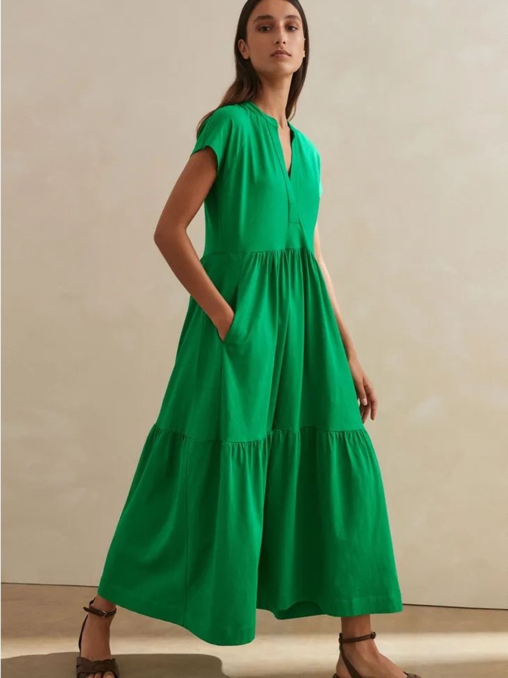 Me And Em Womens 4 Tiered A Line Cotton Maxi Dress Olive Green Cap Sleeve